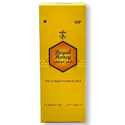 Front view of a yellow box containing 12 packs of Genuine Royal Honey for man, each 5 grams
