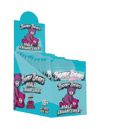 Front view of Boner Bears Gummy display box showing multiple packs of Enhancement gummies