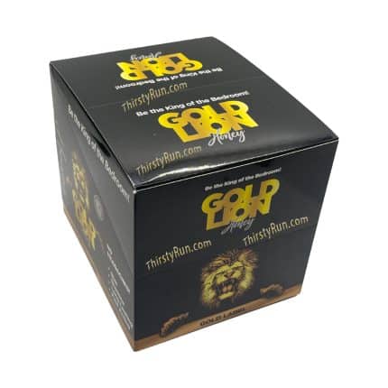 Box of Gold Lion Honey with bold branding and lion imagery on black packaging